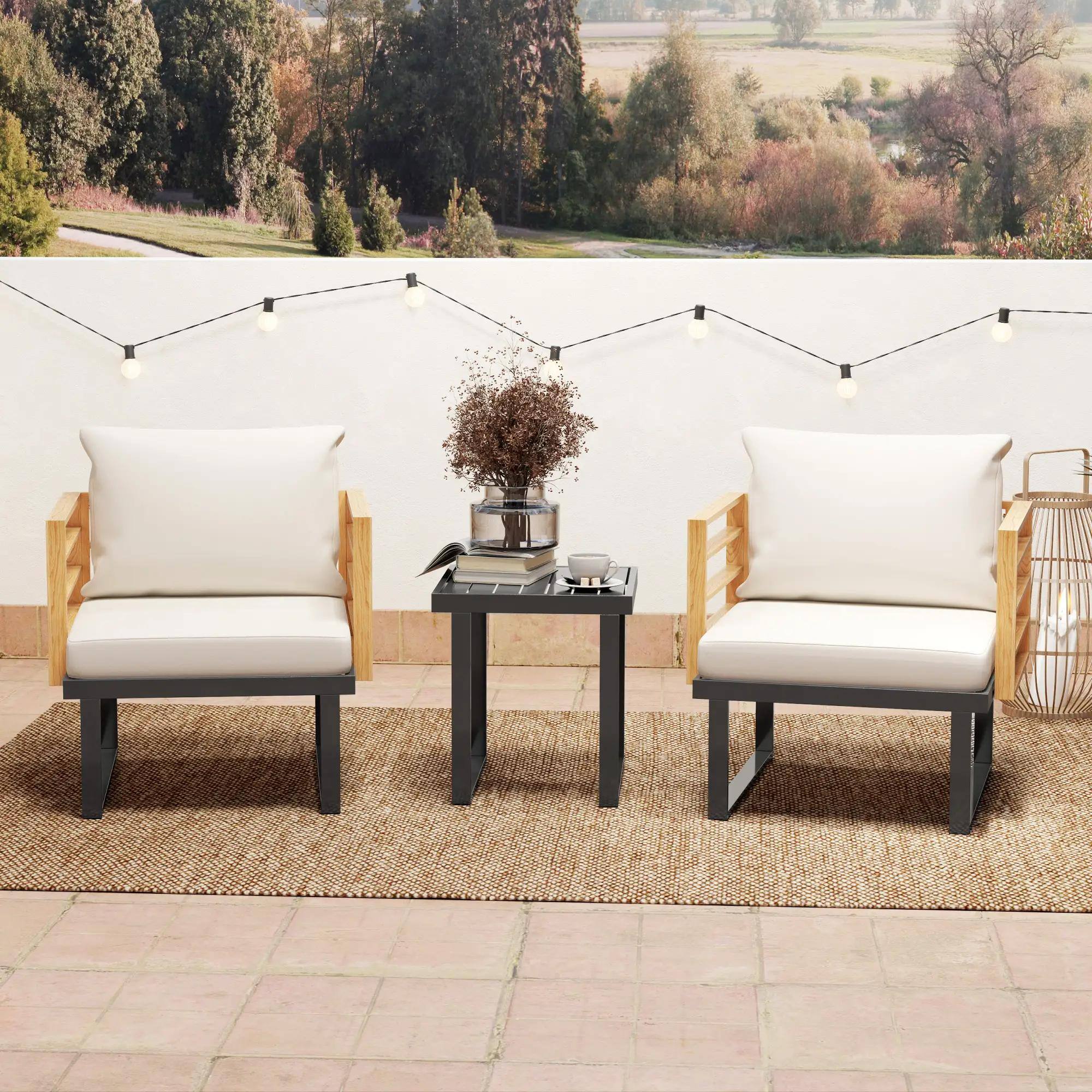 Left. Resenkos - Resenkos 3 Pieces Metal Bistro Set, Two Armchairs And A Square Table,Steel, Polyester, Foam , Beige - Beige.