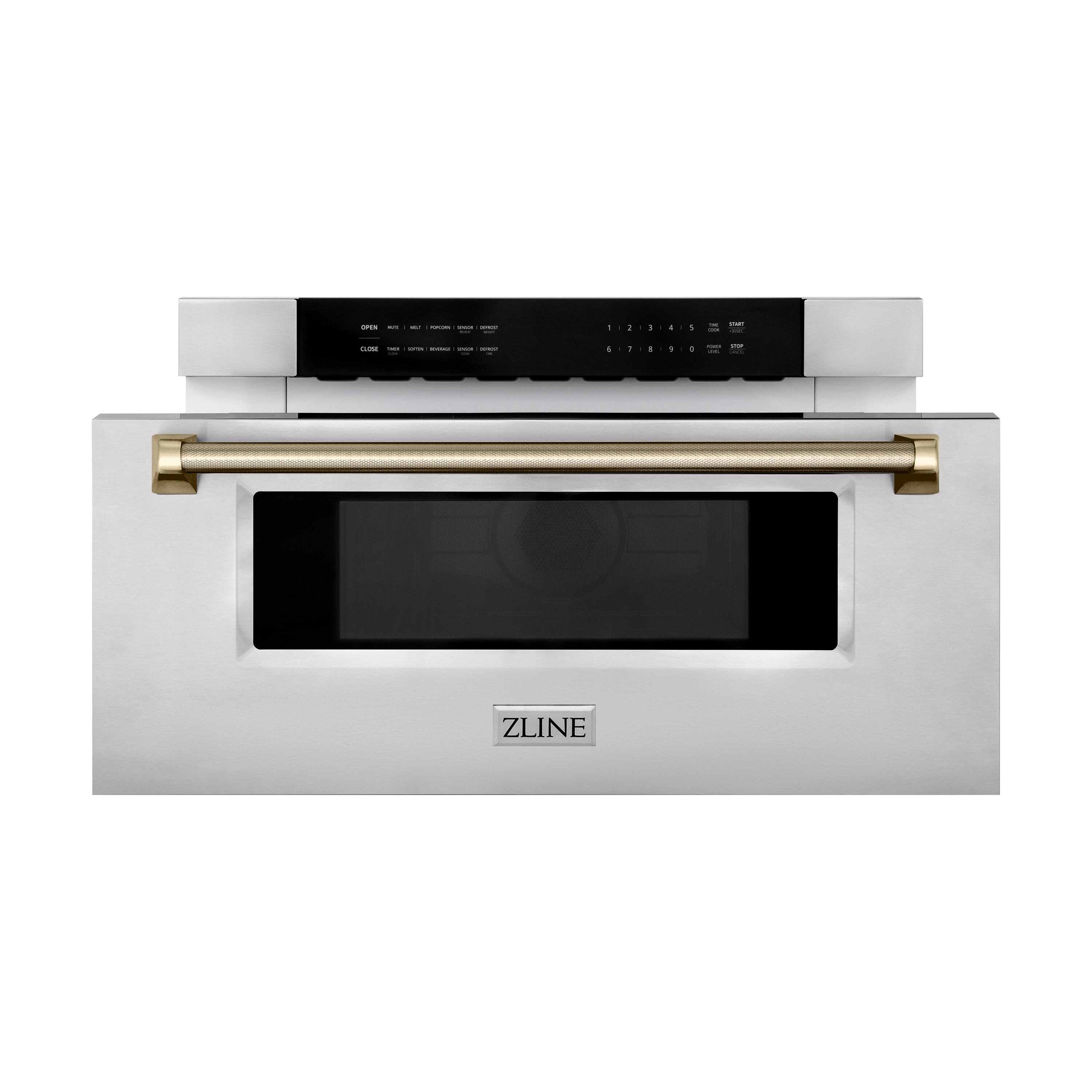Angle. ZLINE - Autograph 30 in. 1.2 cu. ft. Built-in Microwave Drawer in Stainless Steel and Polished Gold Helix Handle - Stainless Steel.