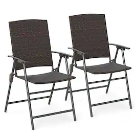 Gymax - Outdoor Folding Chairs Set of 2 w/ Armrests & Metal Frame Portable Lawn Chairs - Mix Brown