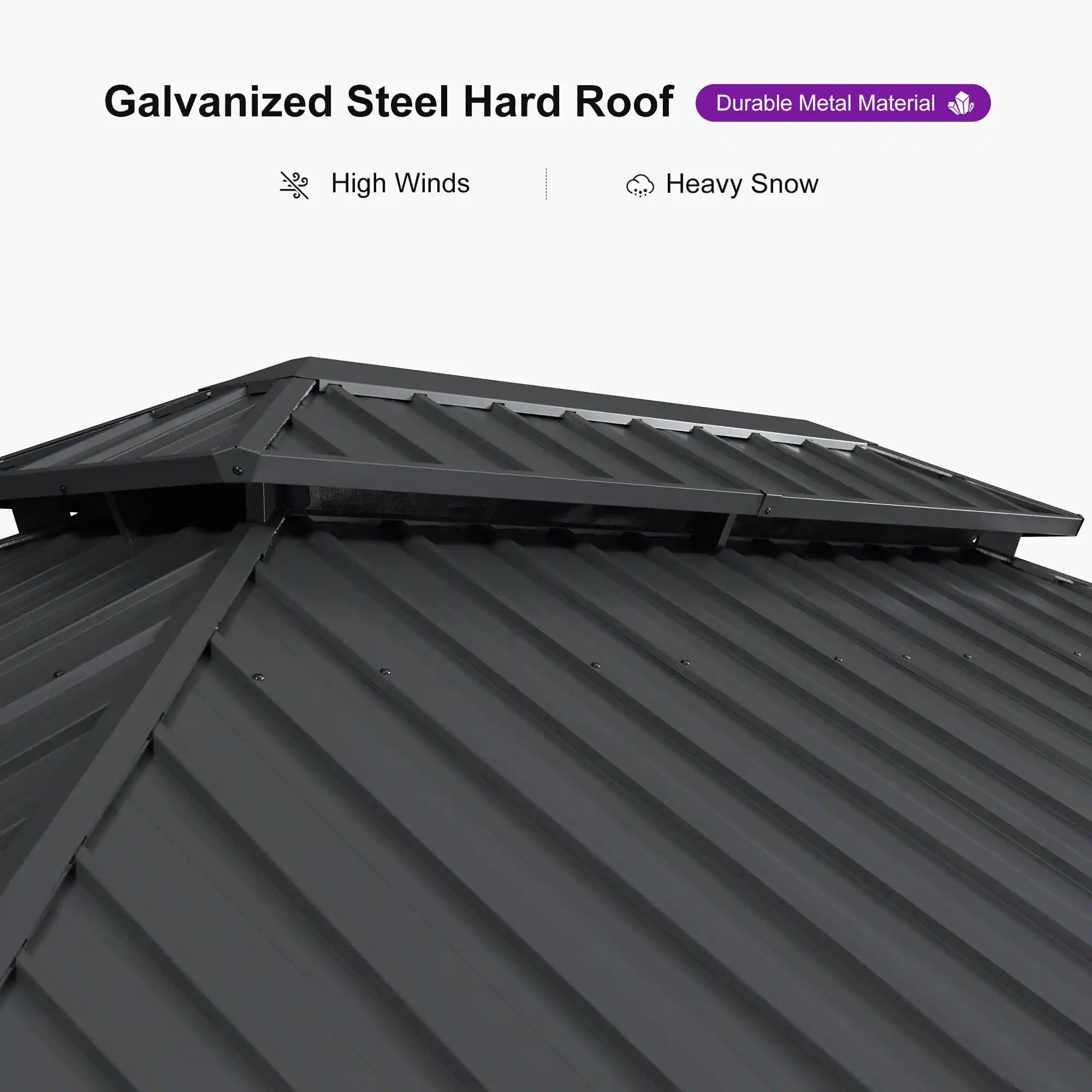 Galvanized Steel Hard Roof  
Durable Metal Material  
High Winds  
Heavy Snow