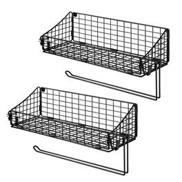 Oumilen - Wall Mounted Wire Storage Basket with Paper Towel Holder – Black Metal Organizer, 2 Pack