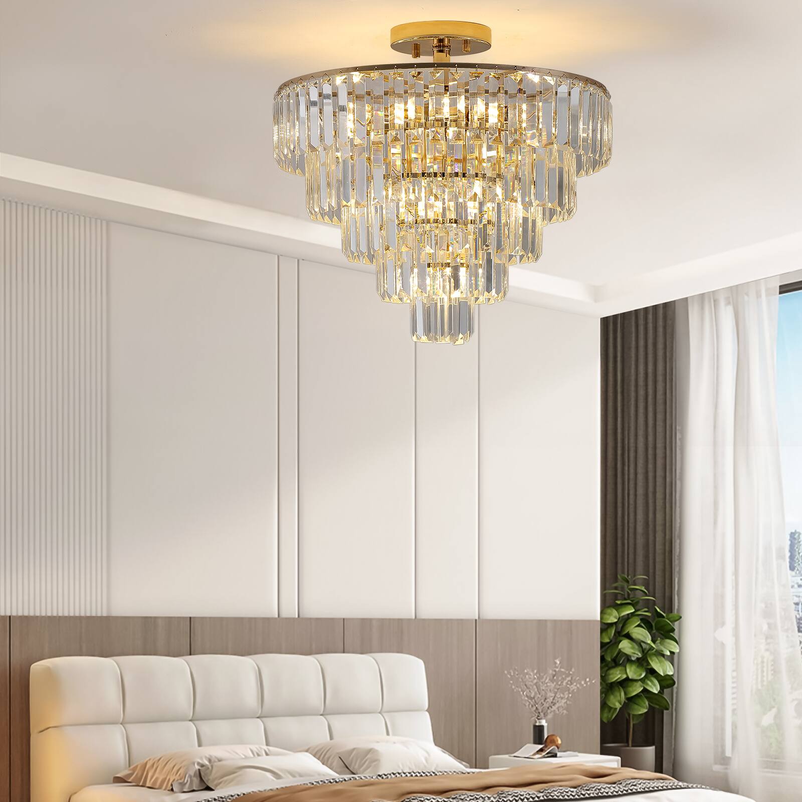 Back. APRILSOUL - Gold Crystal Chandeliers 5-Tier Round Semi Flush Mount Chandelier Light Fixture Contemporary Luxury Ceiling Lighting.