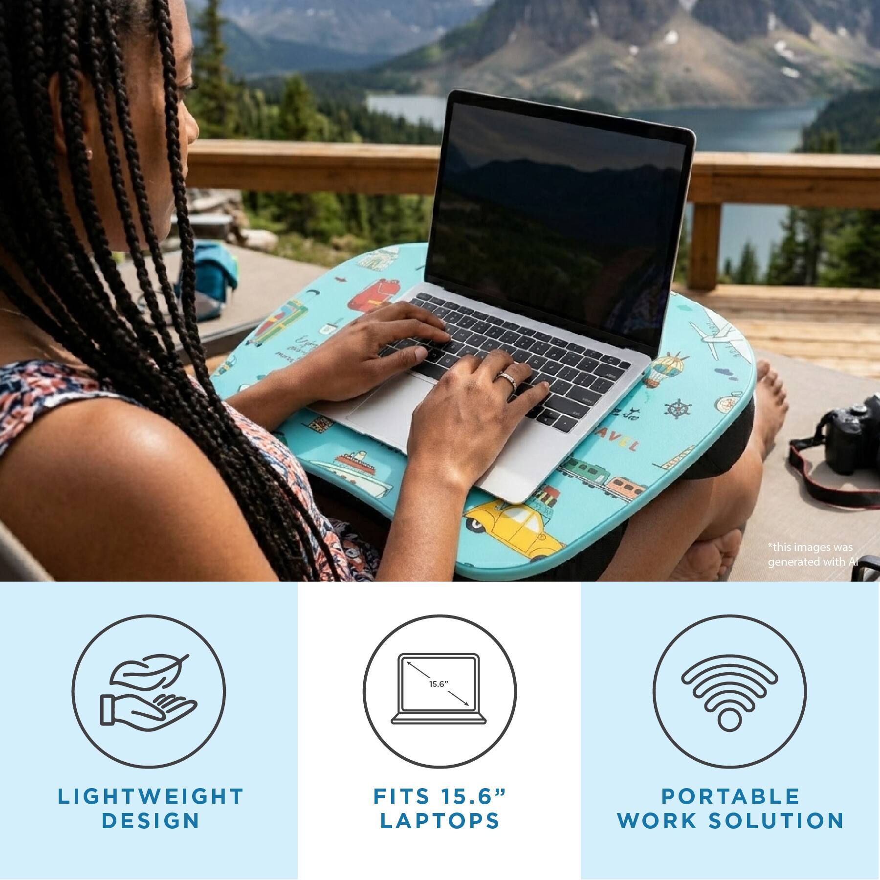 A
I -
,
:
A
-
:
AVEL
"this images was generated with AI
15.6"
LIGHTWEIGHT DESIGN
FITS 15.6" LAPTOPS
PORTABLE WORK SOLUTION