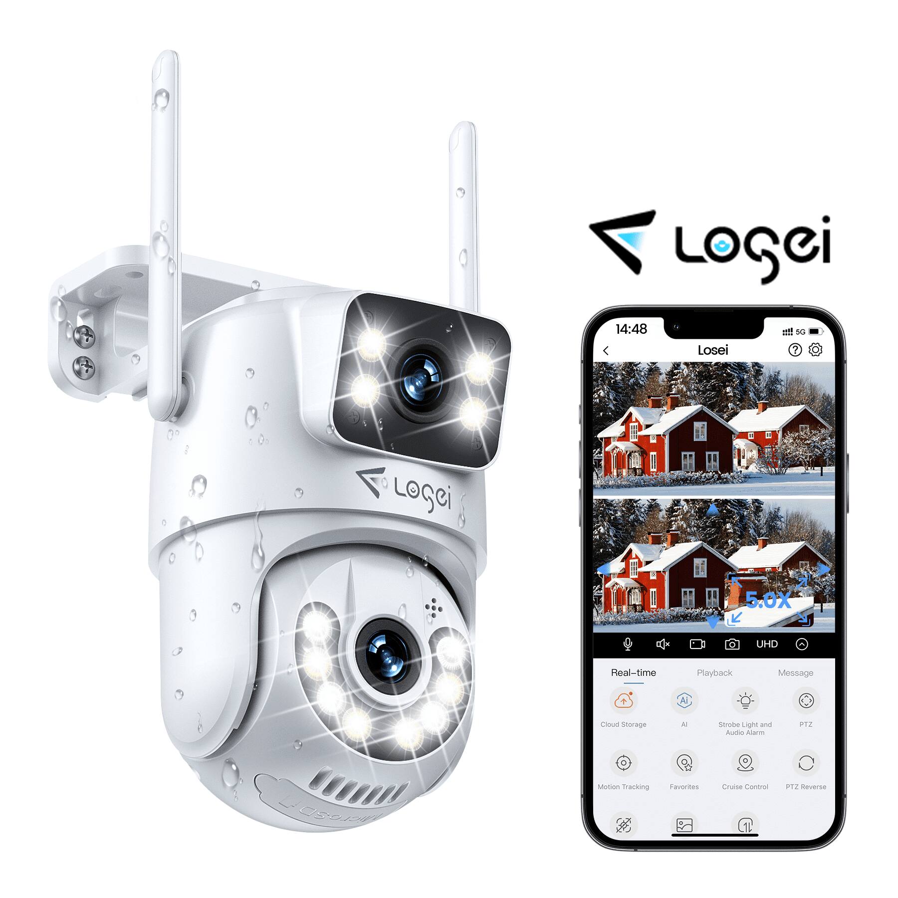 VEAT00L - Losei 4K/8MP Outdoor Camera | 360° View, Color Night Vision, Motion Detection, IP66, 2.4G WiFi, Light Alarm - White