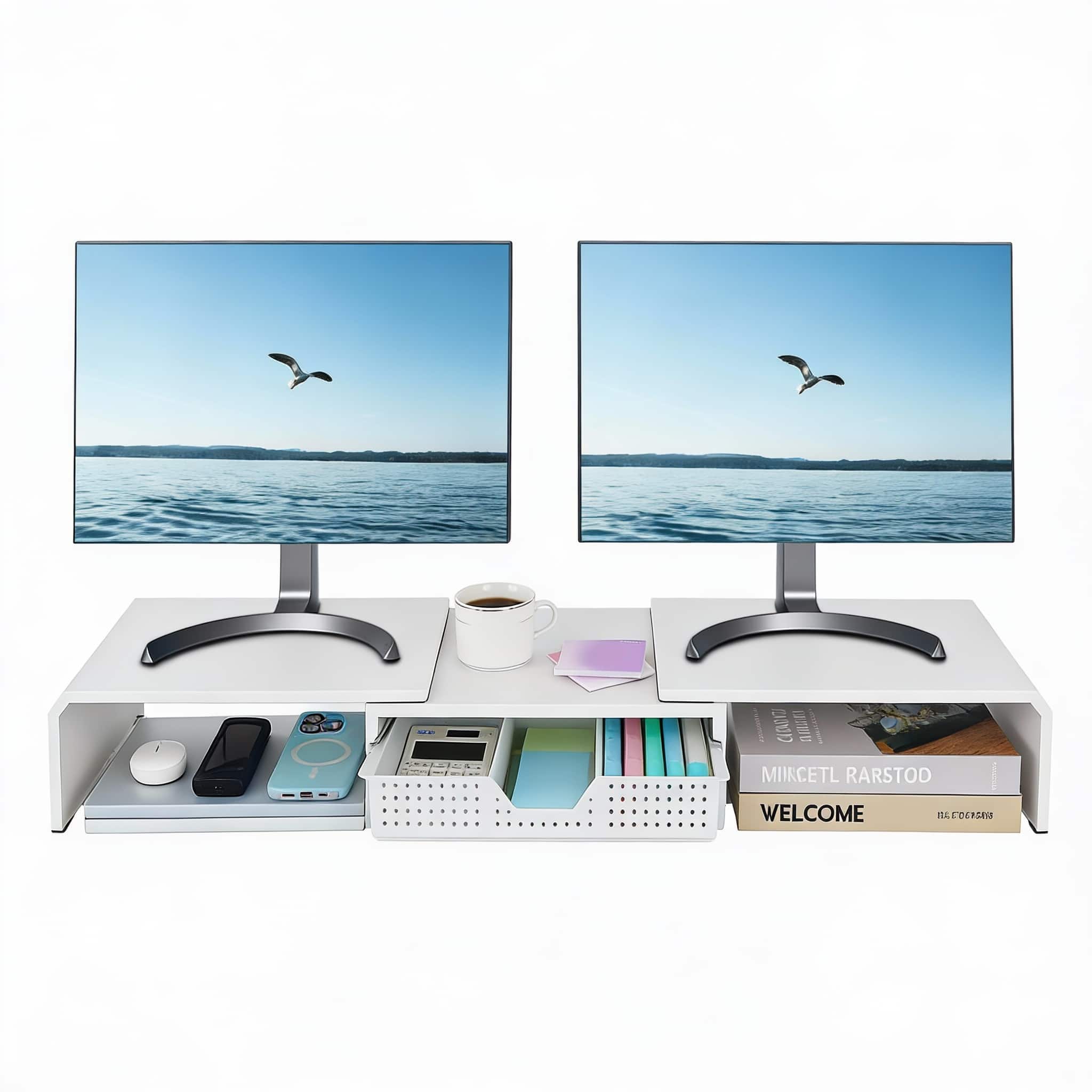 Frangdom - Acrylic Monitor Stand Desk Organizer for Laptop PC - White 38.8"D x 9.5"W x 4.7"H