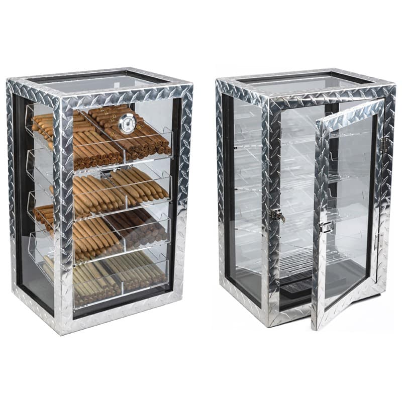 Prestige - Diamond Plate Display Humidor - Polished Industrial Diamond Plate Metal Exterior