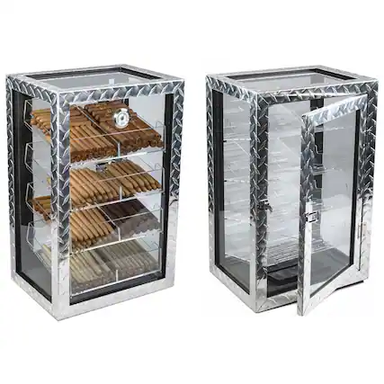 Front. Prestige - Diamond Plate Display Humidor - Polished Industrial Diamond Plate Metal Exterior.