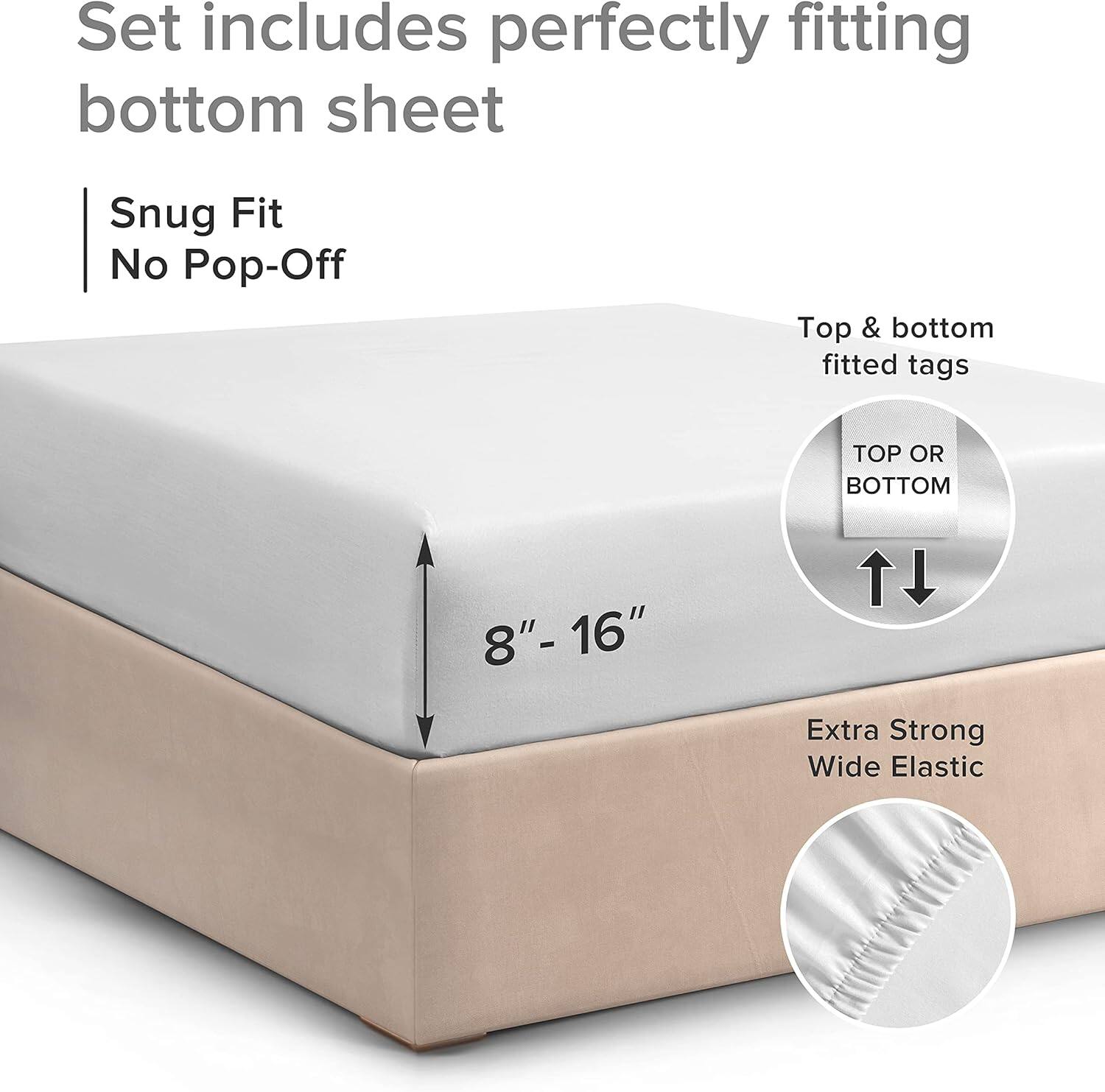 Set includes perfectly fitting bottom sheet

- Snug Fit
- No Pop-Off

Top & bottom fitted tags

- TOP OR BOTTOM

8" - 16"

Extra Strong Wide Elastic