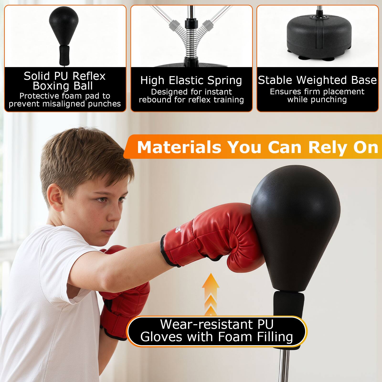 Solid PU Reflex Boxing Ball  
Protective foam pad to prevent misaligned punches

High Elastic Spring  
Designed for instant rebound for reflex training

Stable Weighted Base  
Ensures firm placement while punching

Materials You Can Rely On

Wear-resistant PU Gloves with Foam Filling