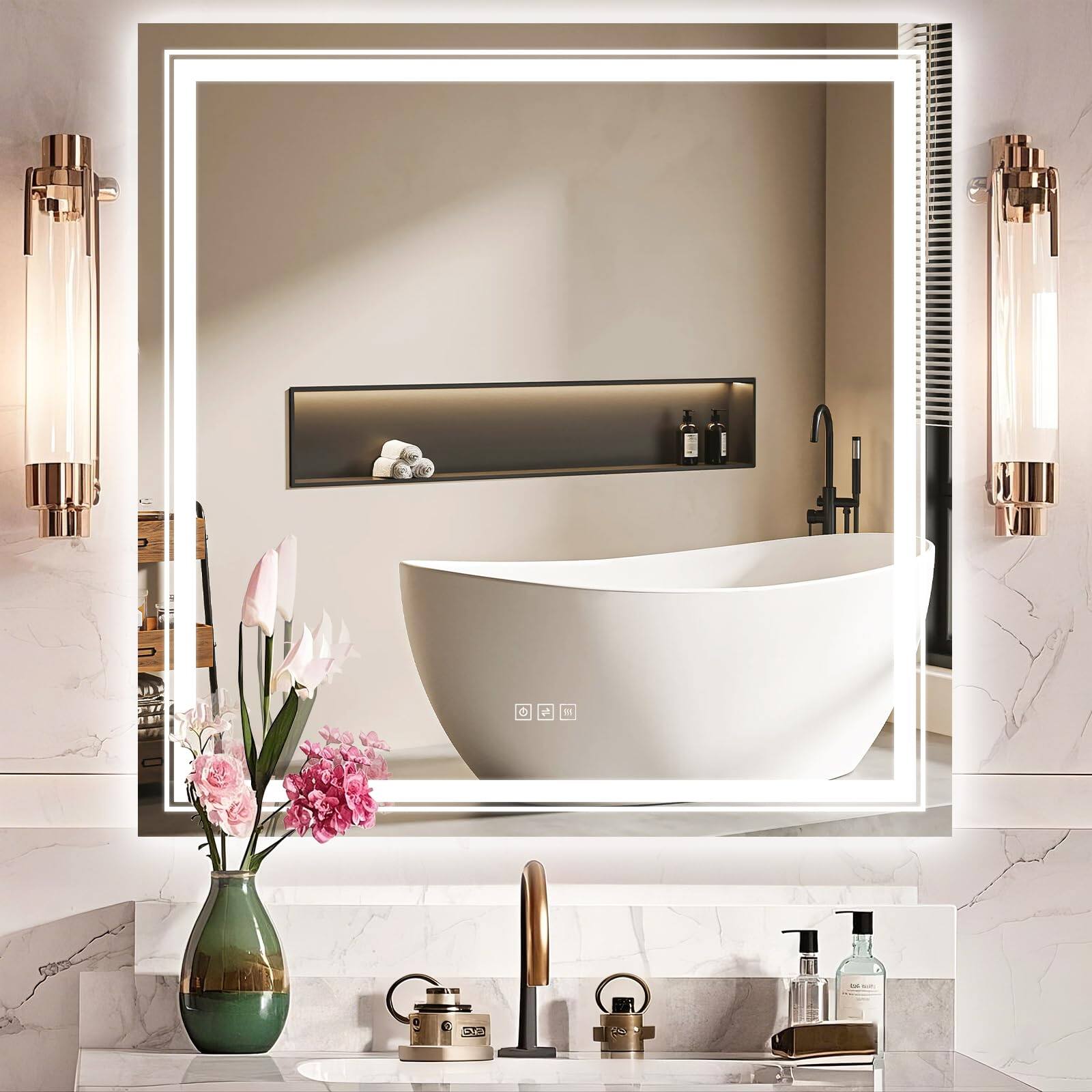 Earthley Blooms - 20x30 Led Mirror For Bathroom With Front And Backlit Light Up Digital Mirrors Wall Anti Fog Stepless Dimm - 36"L x 36"W