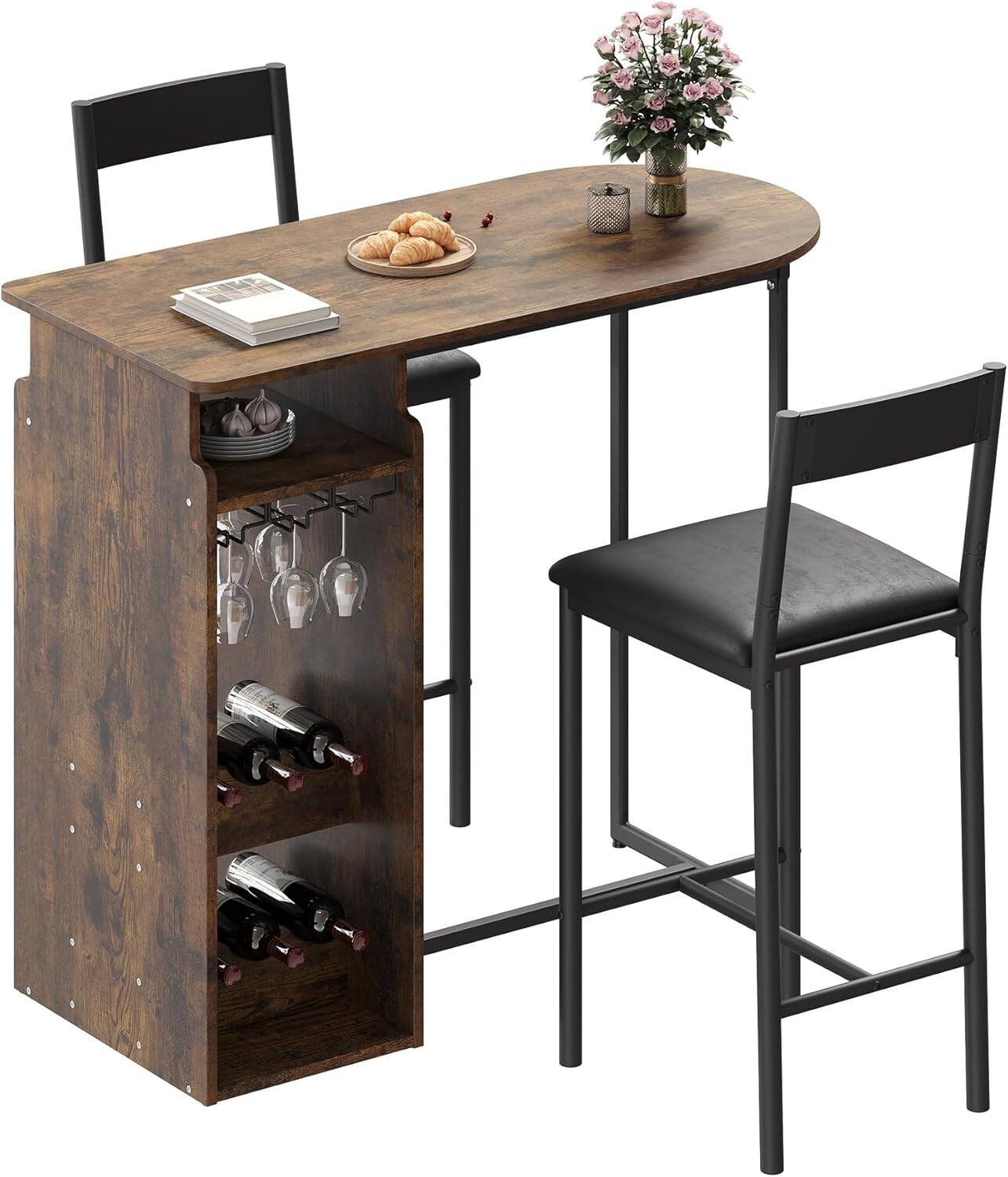 Front. Qeetex - Space-Saving 3-Tier Adjustable Height Pub Table Set with Stools, Modern Kitchen & Apartment Storage Dining - Brown.