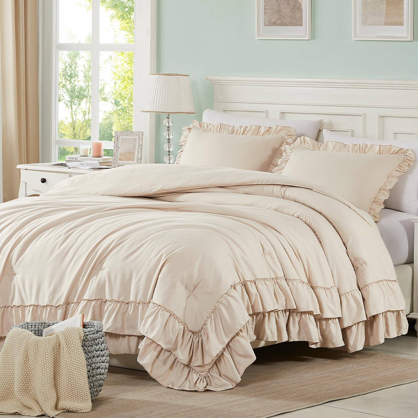 Front. NICHOLAS KLEIN - Beige Queen Comforter Set Comforters Ruffle Farmhouse Bedding Sets With Lightweight Soft Shabby Chic Fluffy... - Beige Twin XL/Twin.