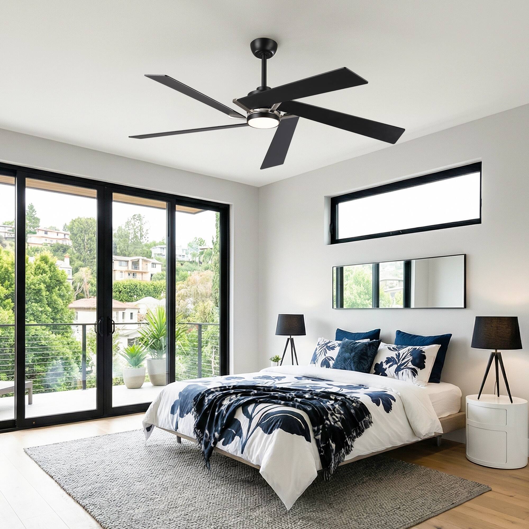 Left. Parrot Uncle - 60" Modern Black LED Ceiling Fan with Remote Control and Reverible Blades - Black.