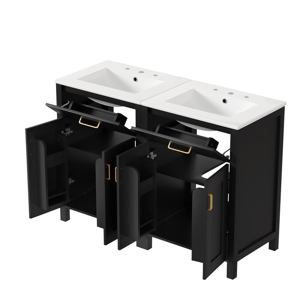 Alt View 8. Loheer - Loheer 48 inch double bathroom vanity Black Freestanding Cabinet with Dual Ceramic Sinks - Black.