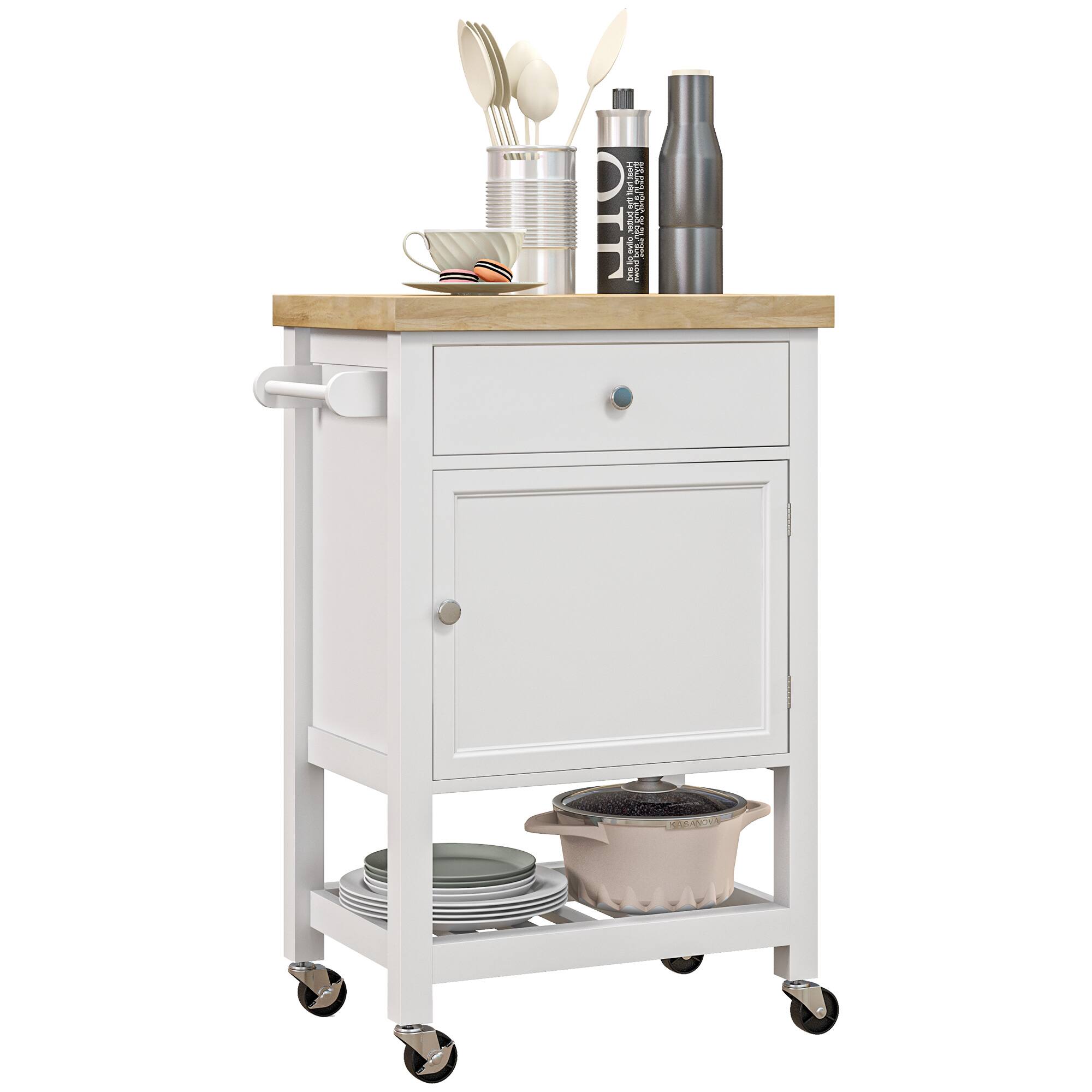 Homcom - Utility Kitchen Cart, Rolling Kitchen Island with Smooth Rubberwood Top, Narrow Butcher Block Surface on Wheels - White