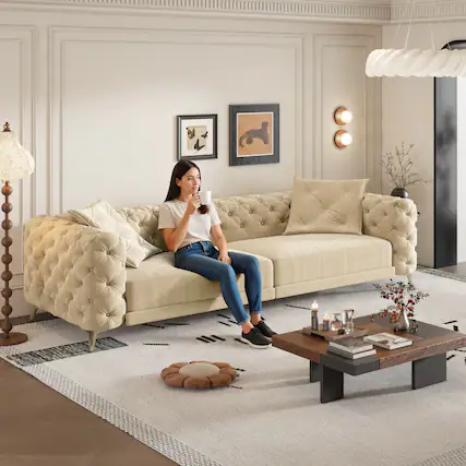 Front. Anysun - 97.7" 3-in-1 Convertible Sleeper Sofa - Deep Seat Pull Out Bed, Button Tufted Design, Includes Movable Ottoman - Apricot.