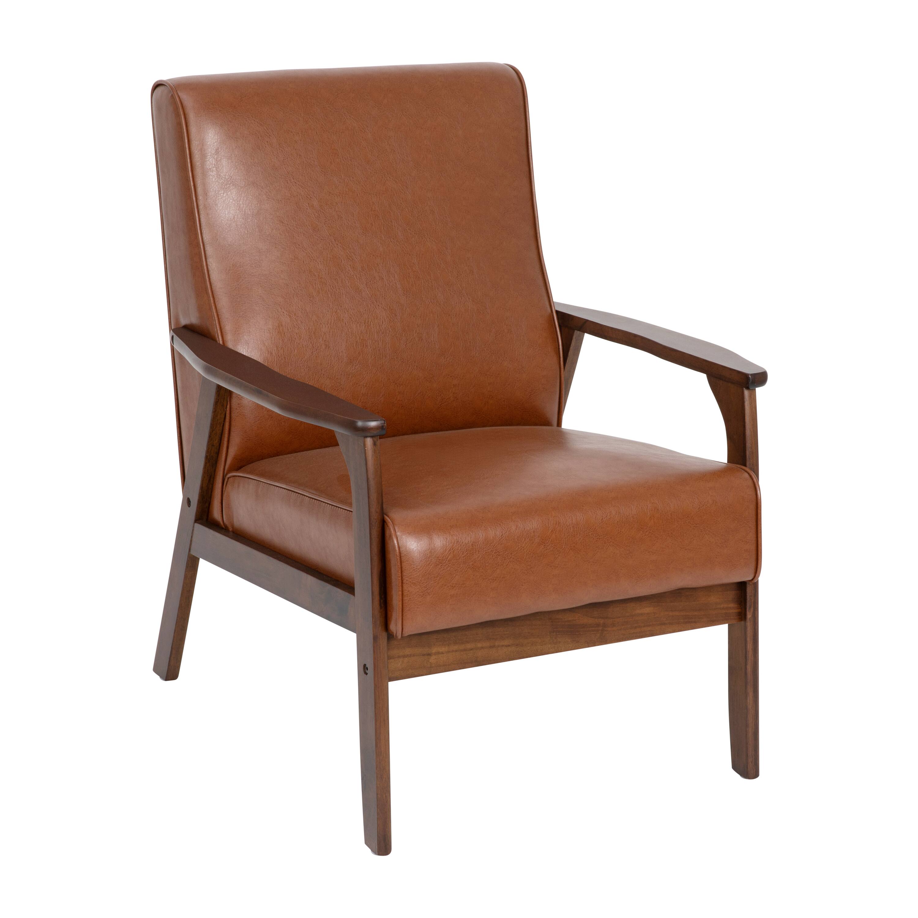 Alt View 1. Emma + Oliver - Langmore Upholstered Mid-Century Modern Arm Chair with Wood Frame - Cognac Faux Leather.