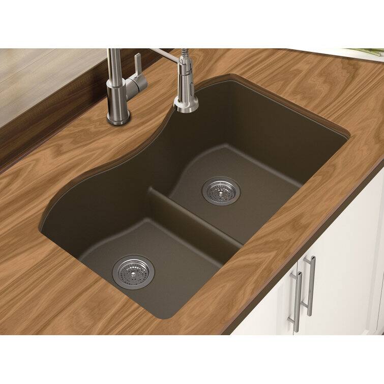 Angle. Winpro - Winpro Undermount Granite Composite 33 in. x 20 in. x 9-1/2 in. Double Equal Bowl Low Divide Kitchen Sink in Mocha - Mocha.