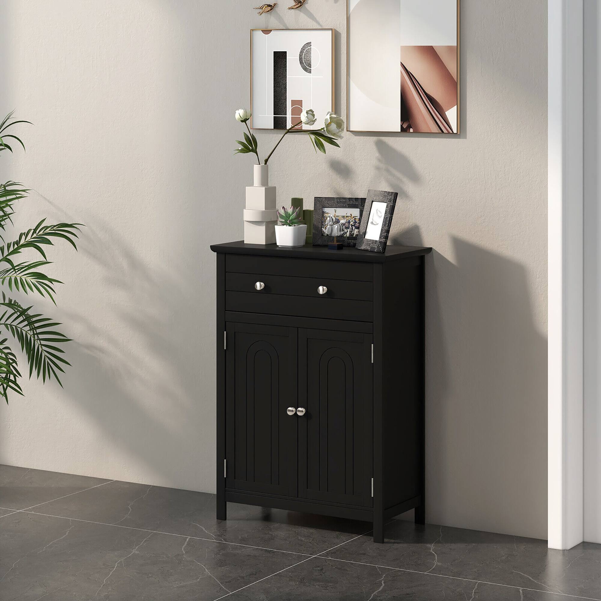 Alt View 3. Gymax - Gymax Bathroom Floor Cabinet Wooden Storage Organizer with Drawer & Doors Blcak - Black.