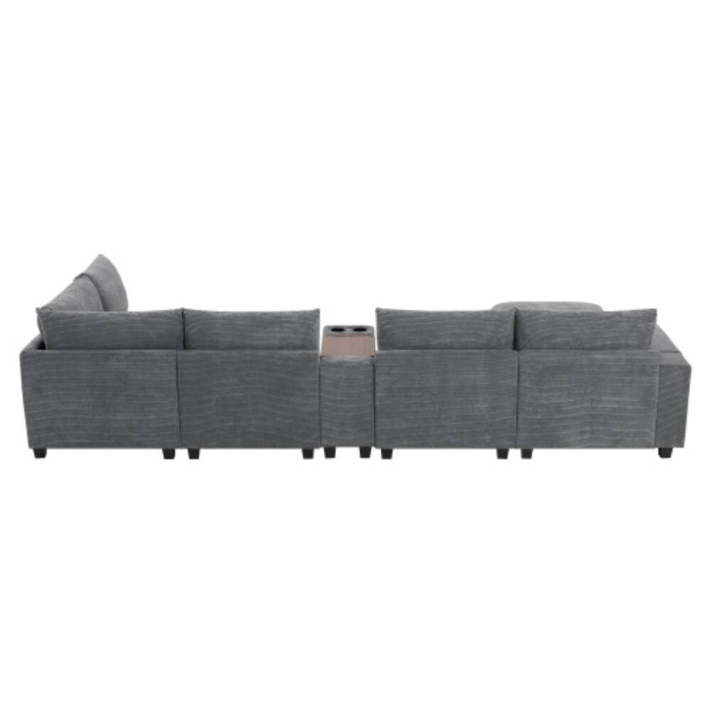 Alt View 7. LUCKY ONE - 139" U-Shape Modular Corduroy Sectional Sofa w/ Console USB Charger Storage Ottoman - Gray.