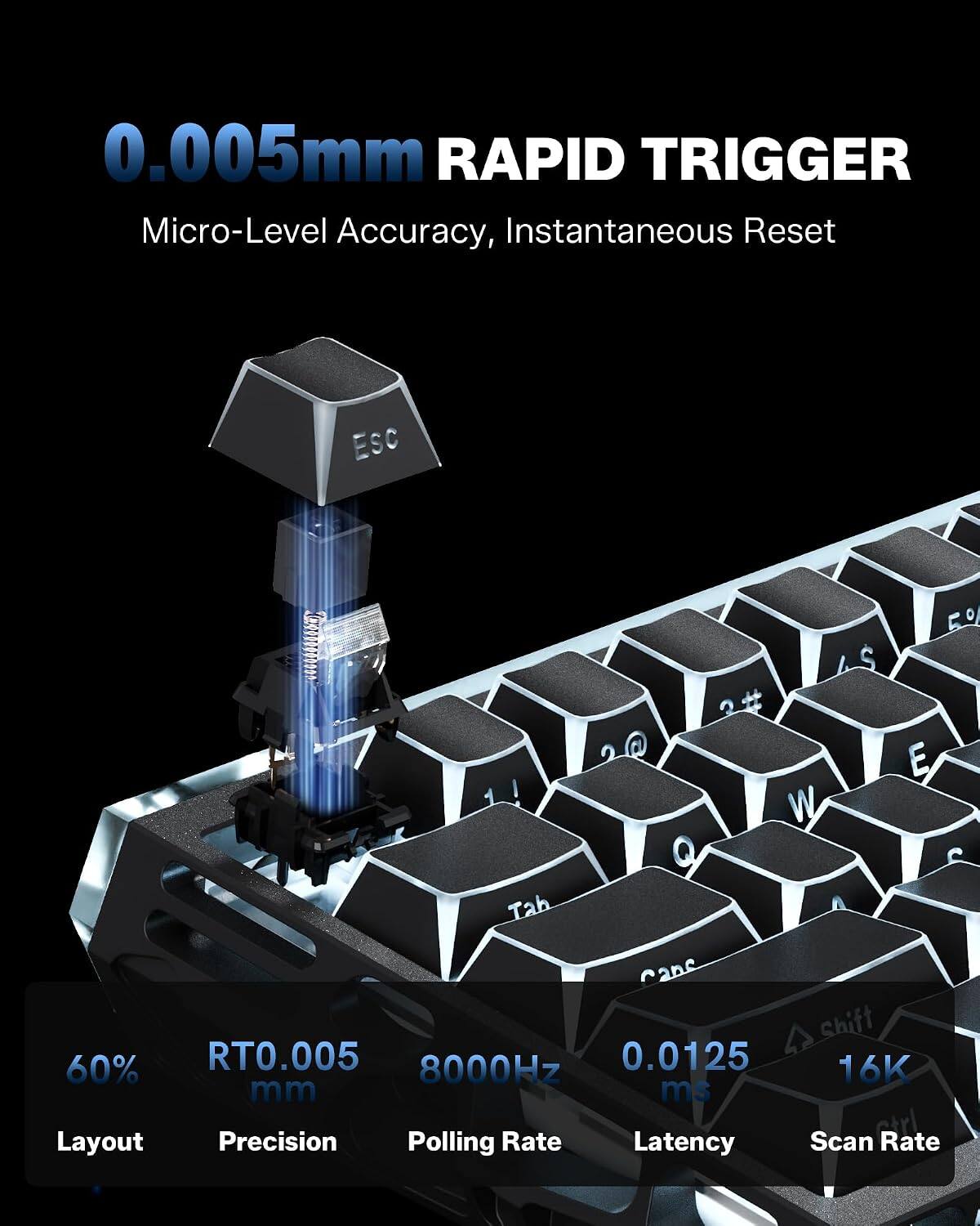 0.005mm RAPID TRIGGER  
Micro-Level Accuracy, Instantaneous Reset  

60% Layout  
RT0.005 mm Precision  
8000Hz Polling Rate  
0.0125 ms Latency  
16K Scan Rate