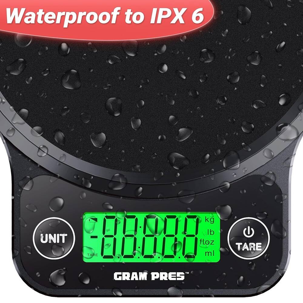 Waterproof to IPX 6

UNIT TARE

0.000 kg lb fl.oz ml

TARE

GRAM PRES