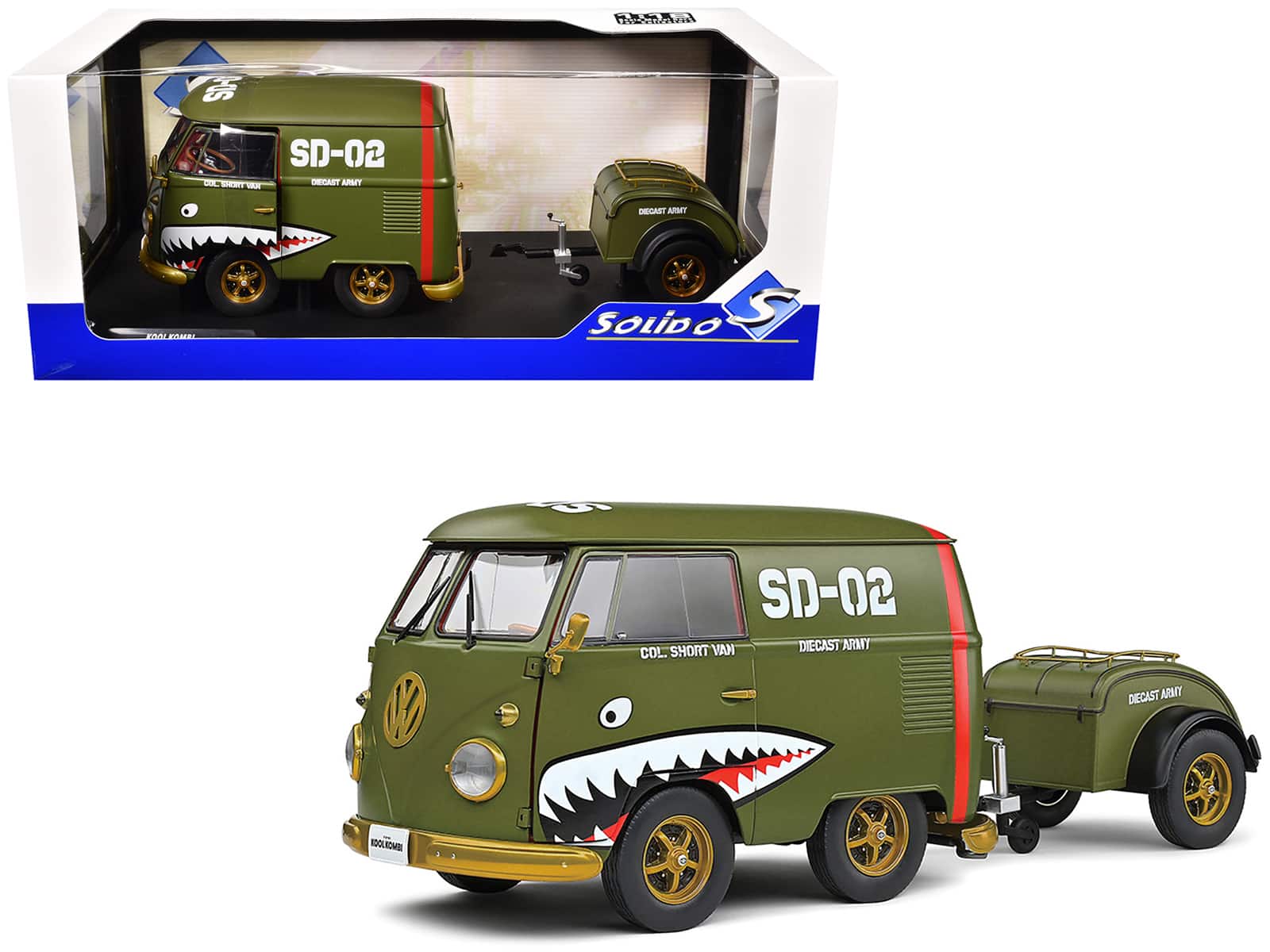 "1950 Volkswagen Kool Kombi Van with Trailer ""Army Fighter"" Green with Graphics 1/18 Diecast Model Car by Solido" price history on PriceWatchPro
