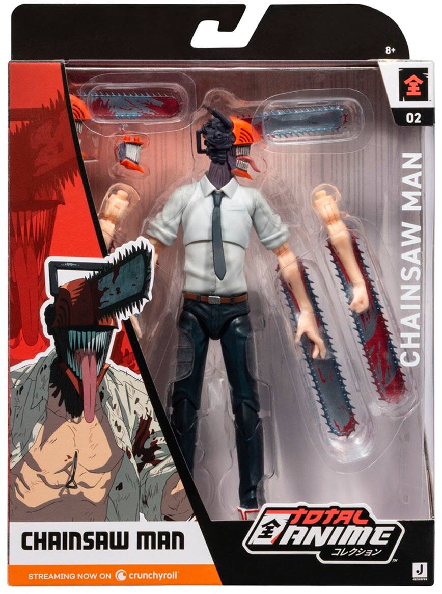 Chainsaw Man is an anime that is currently streaming on Crunchyroll. The image features a figure of Chainsaw Man, which is a popular character from the anime. The figure is posed with a chainsaw in its hand, showcasing the character's unique and iconic weapon. The figure is displayed in a plastic case, which helps protect it and keep it in pristine condition.