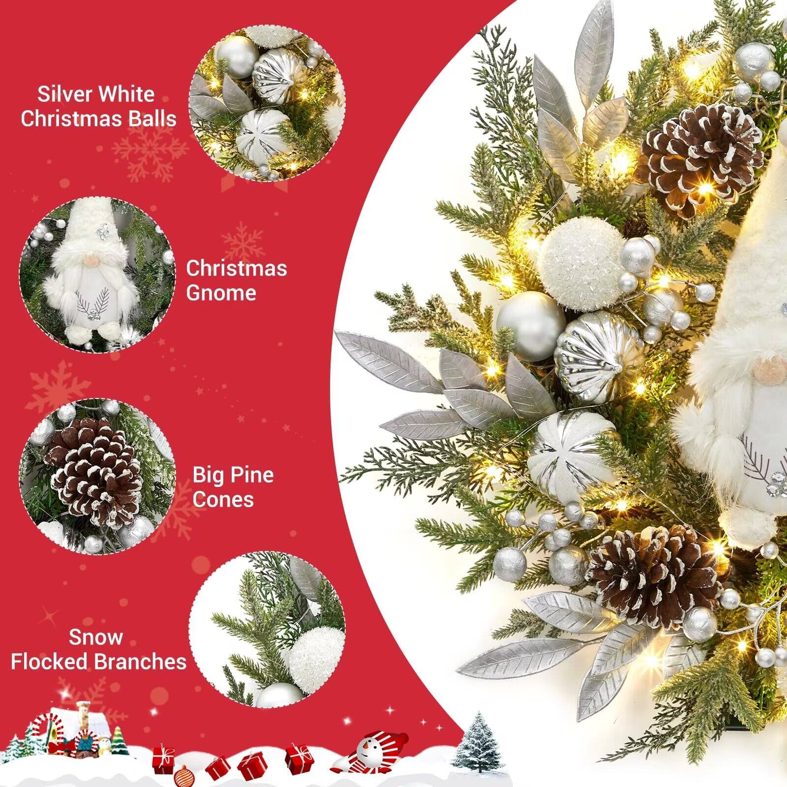 Silver White Christmas Balls  
Christmas Gnome  
Big Pine Cones  
Snow Flocked Branches