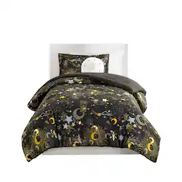 Gracie Mills - Dervan Celestial Dreams Starry Sky Metallic Comforter Set with Enchanting Throw Pillow - Charcoal/Gold