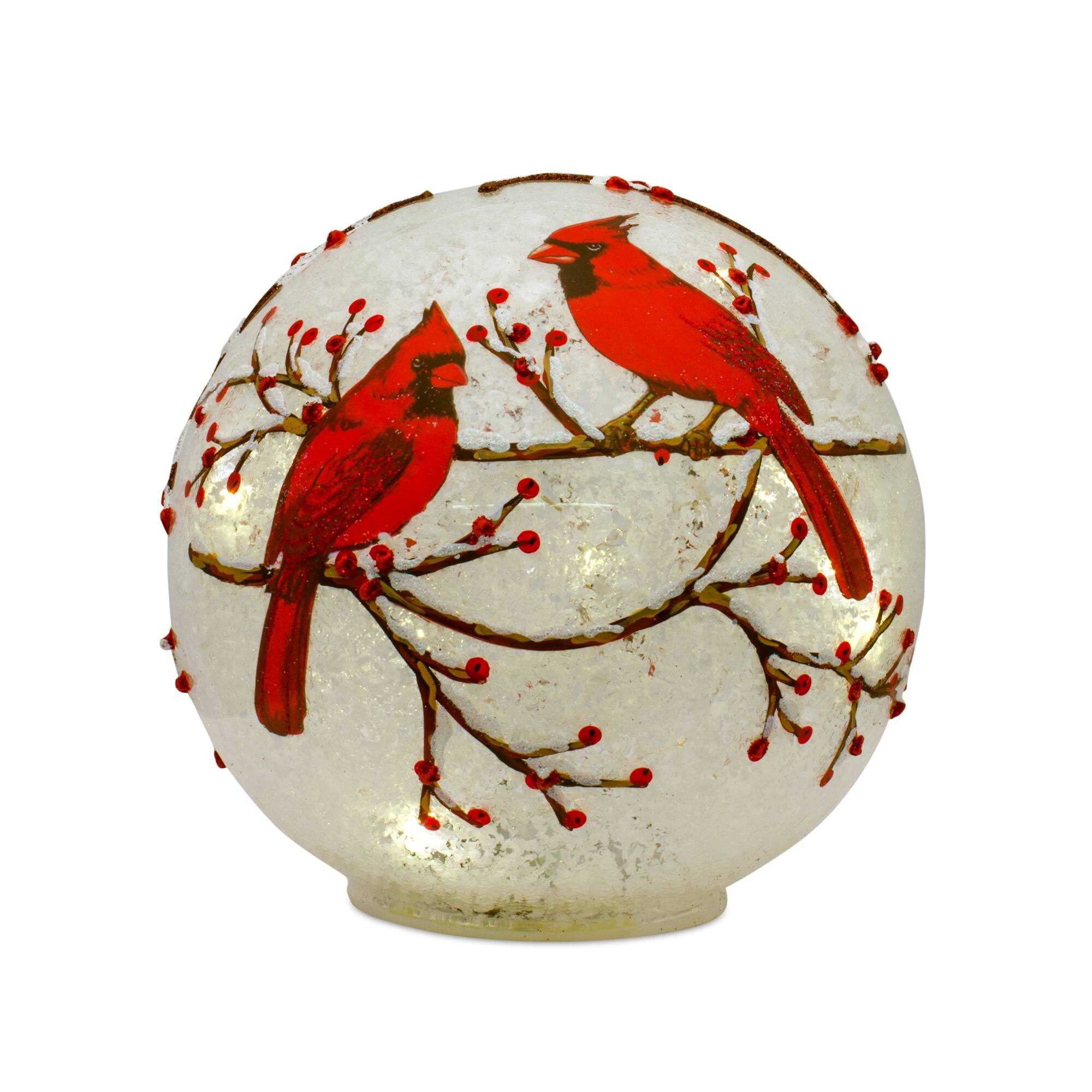 Left. BreeBe - LED Frosted Cardinal Orb with Berry Branch Design (Set of 3) - White, Red.