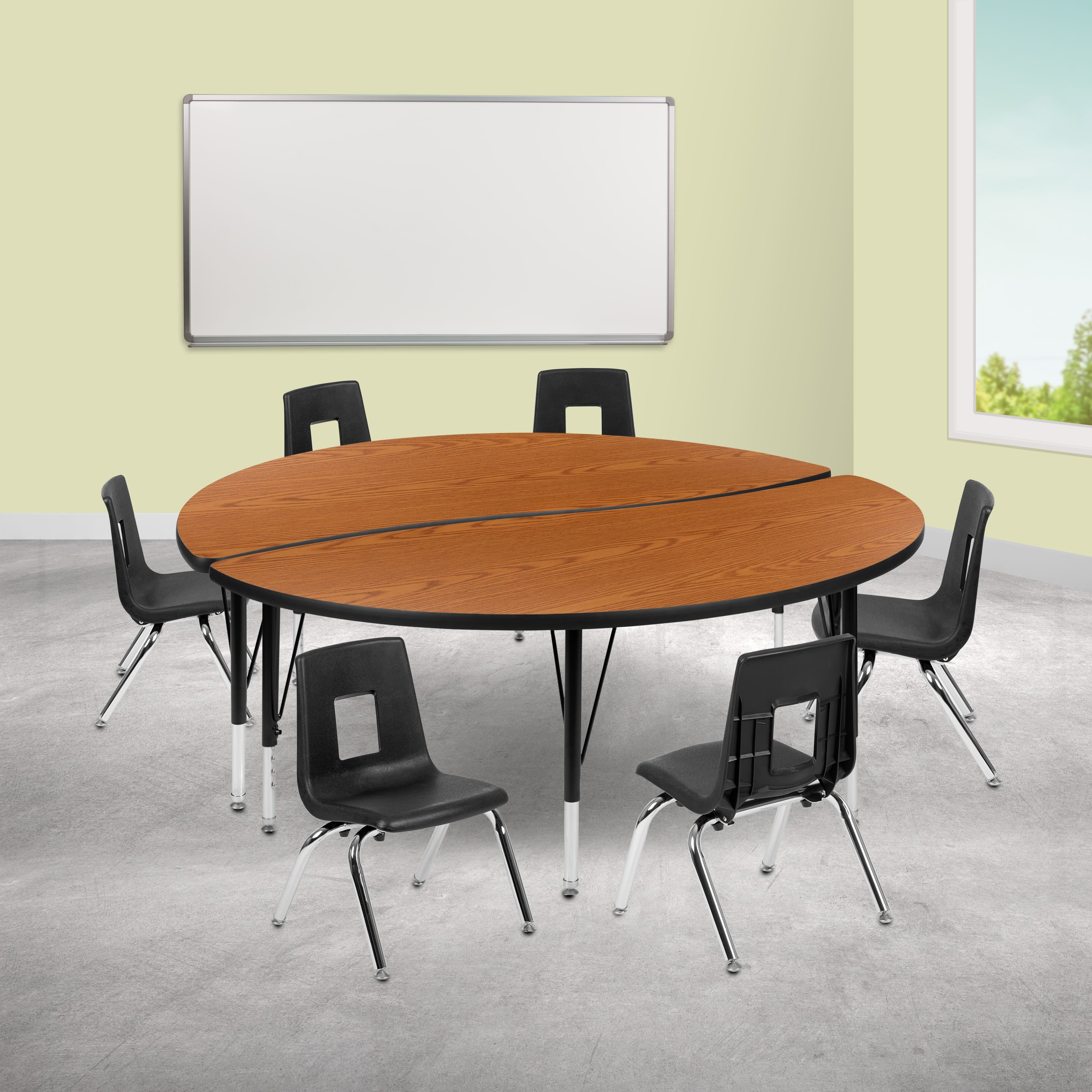 "Emma + Oliver - 60"" Circle Wave Collaborative Laminate Activity Table Set with 12"" Student Stack Chairs - Oak" price history on PriceWatchPro
