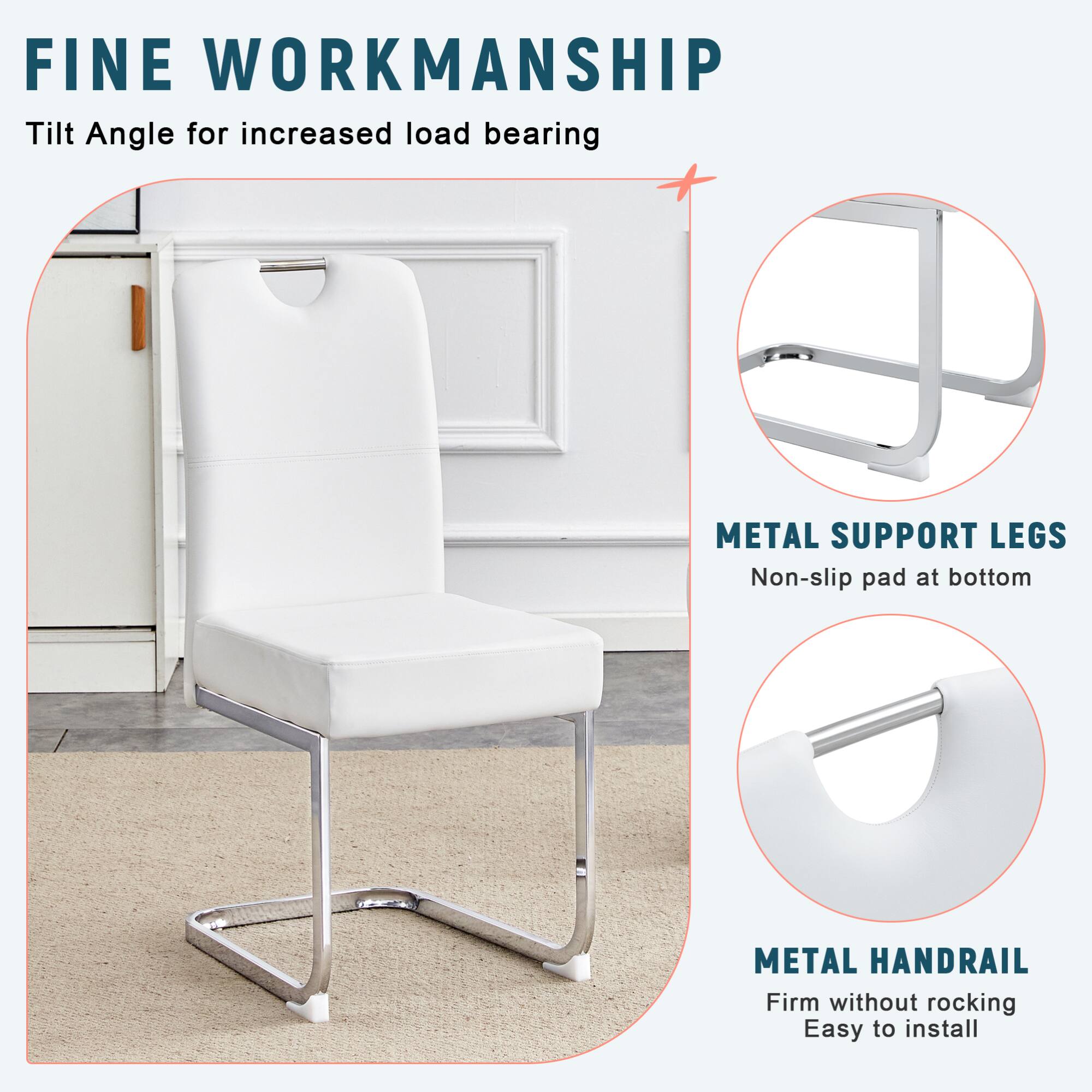 FINE WORKMANSHIP  
Tilt Angle for increased load bearing  

METAL SUPPORT LEGS  
Non-slip pad at bottom  

METAL HANDRAIL  
Firm without rocking  
Easy to install