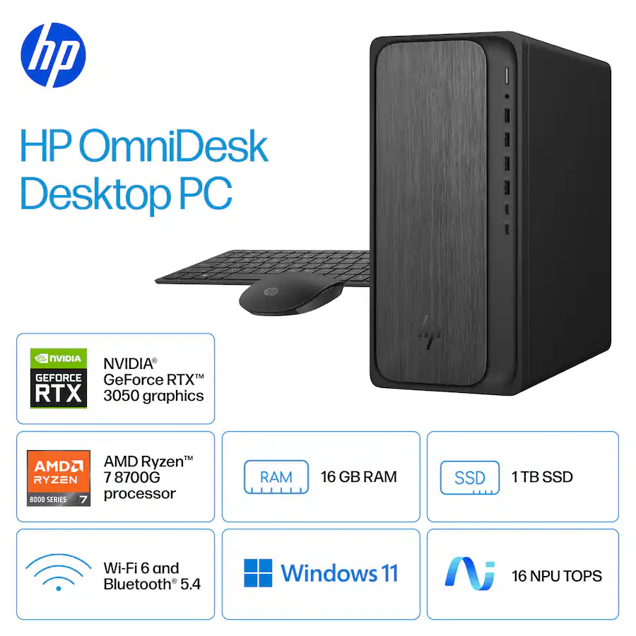 HP OmniDesk Desktop AMD Ryzen 7 16GB DDR5 Memory NVIDIA GeForce RTX ...