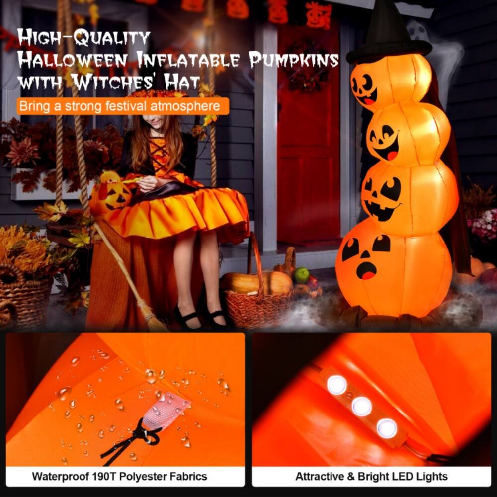 High-Quality Halloween Inflatable Pumpkins with Witches' Hat  
Bring a strong festival atmosphere  

Waterproof 190T Polyester Fabrics  

Attractive & Bright LED Lights