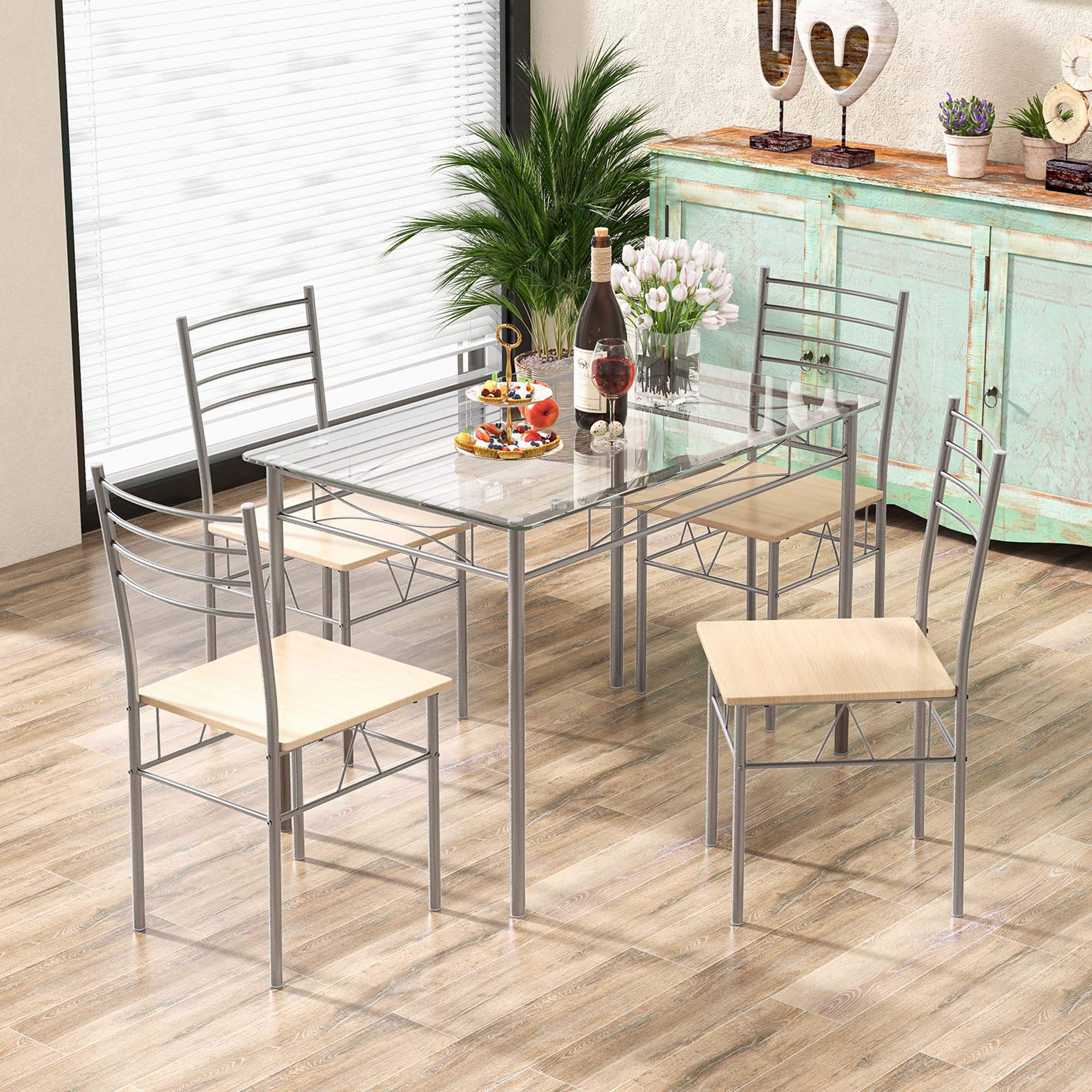 Angle. Costway - 5 Piece Dining Set Table and 4 Chairs Glass Top Kitchen Breakfast Furniture Brown - Brown and Silver.
