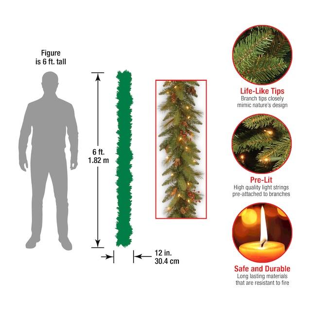Figure is 6 ft. tall  
Life-Like Tips  
Branch tips closely mimic nature's design  
6 ft. 1.82 m  
Pre-Lit  
High quality light strings pre-attached to branches  
12 in. 30.4 cm  
Safe and Durable  
Long lasting materials that are resistant to fire