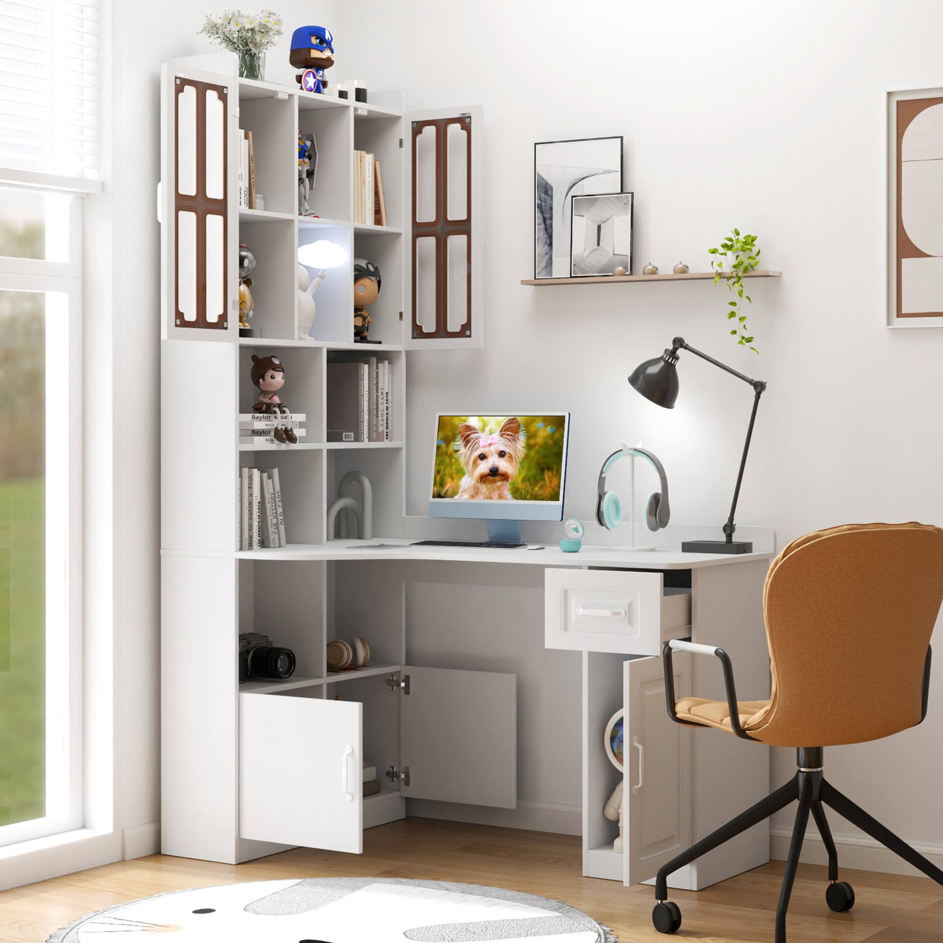 Left. Tiramisubest - L-Shaped Corner Computer Desk,Study Modern Style Table with Drawers,Bookshelf & Hutch,2-in-1 L-Shaped Design,White - White.