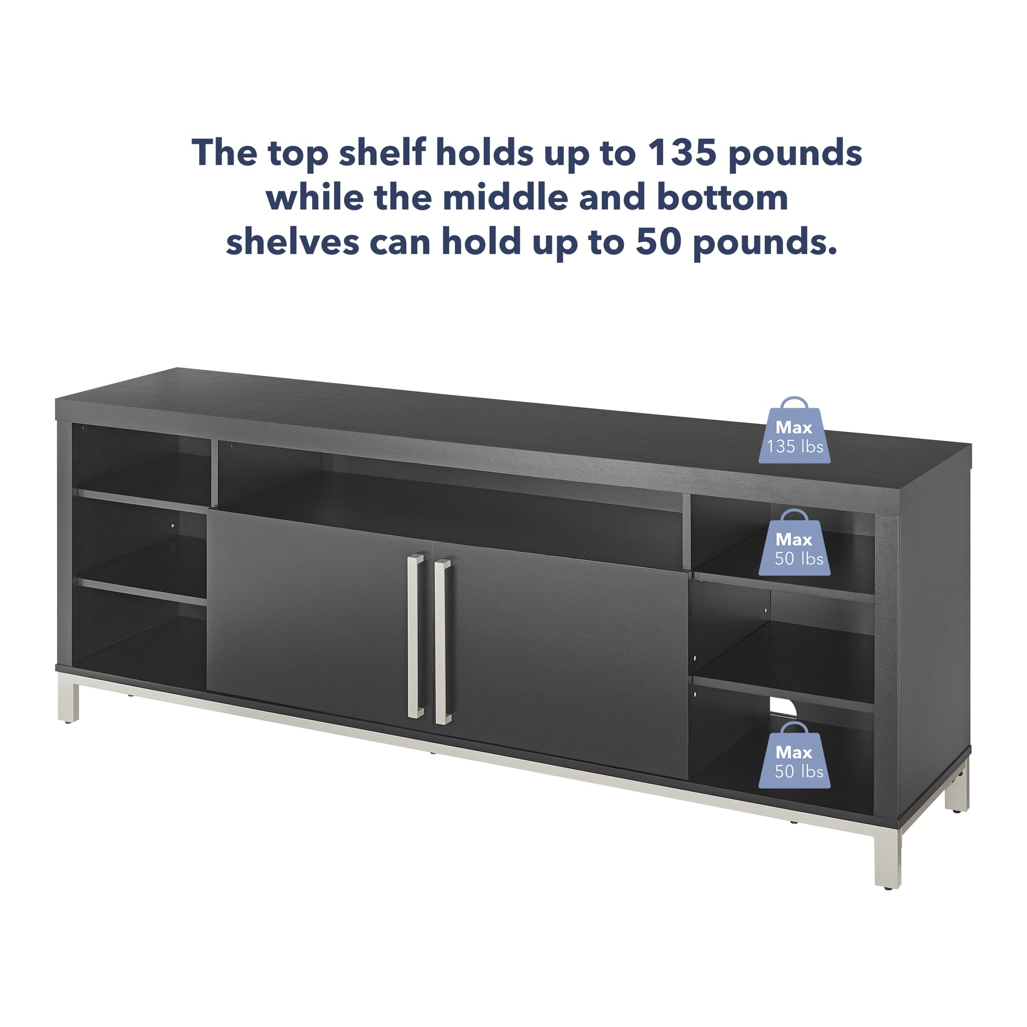 The top shelf holds up to 135 pounds, while the middle and bottom shelves can hold up to 50 pounds.