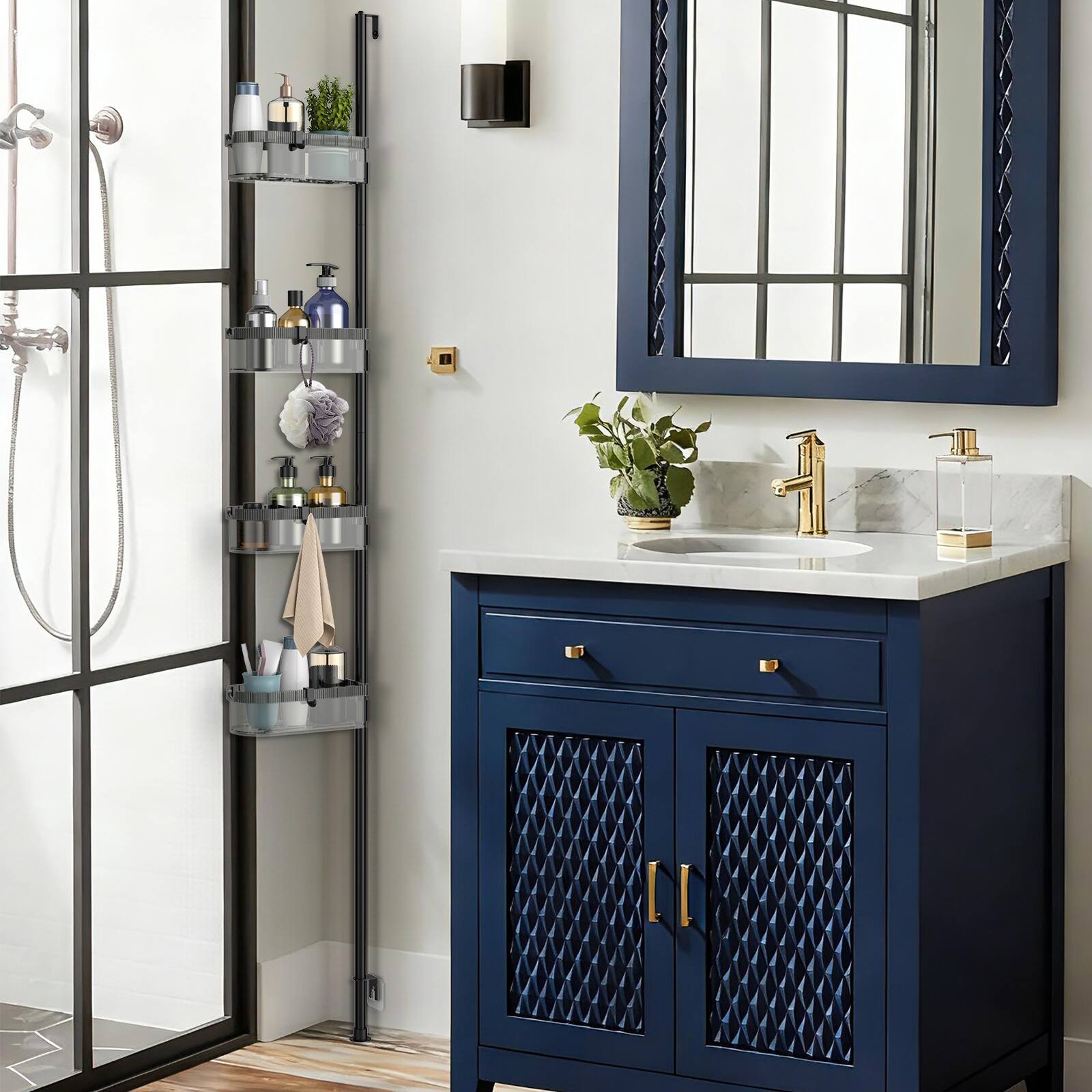 Alt View 1. Oumilen - 4-Tier No-Drill Corner Shower Caddy, 74.1in Wall-Mount Bathroom Storage Organizer with Drainage Baskets for Shower - Black.