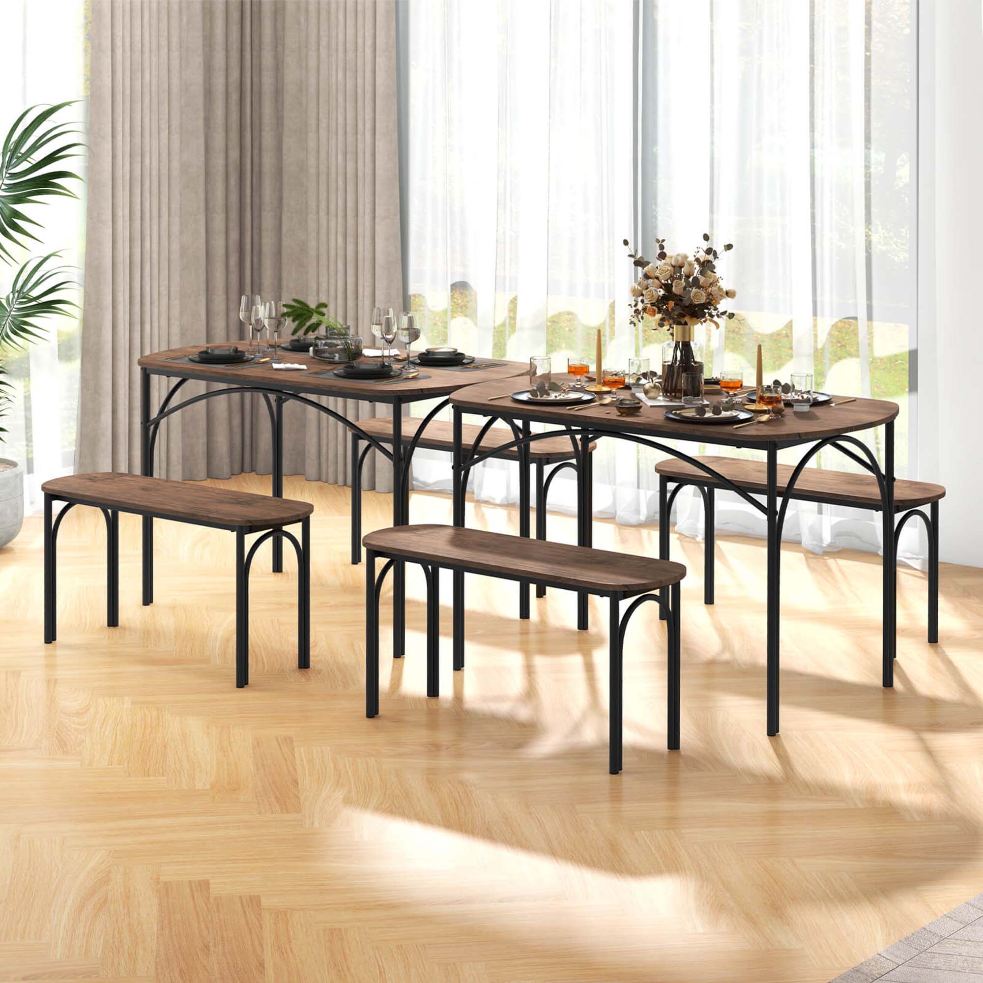 Alt View 11. Costway - 3 PCS 48" Dining Table Set for 4Rectangular Table & 2 Benches with Metal Frame - Brown and Black.