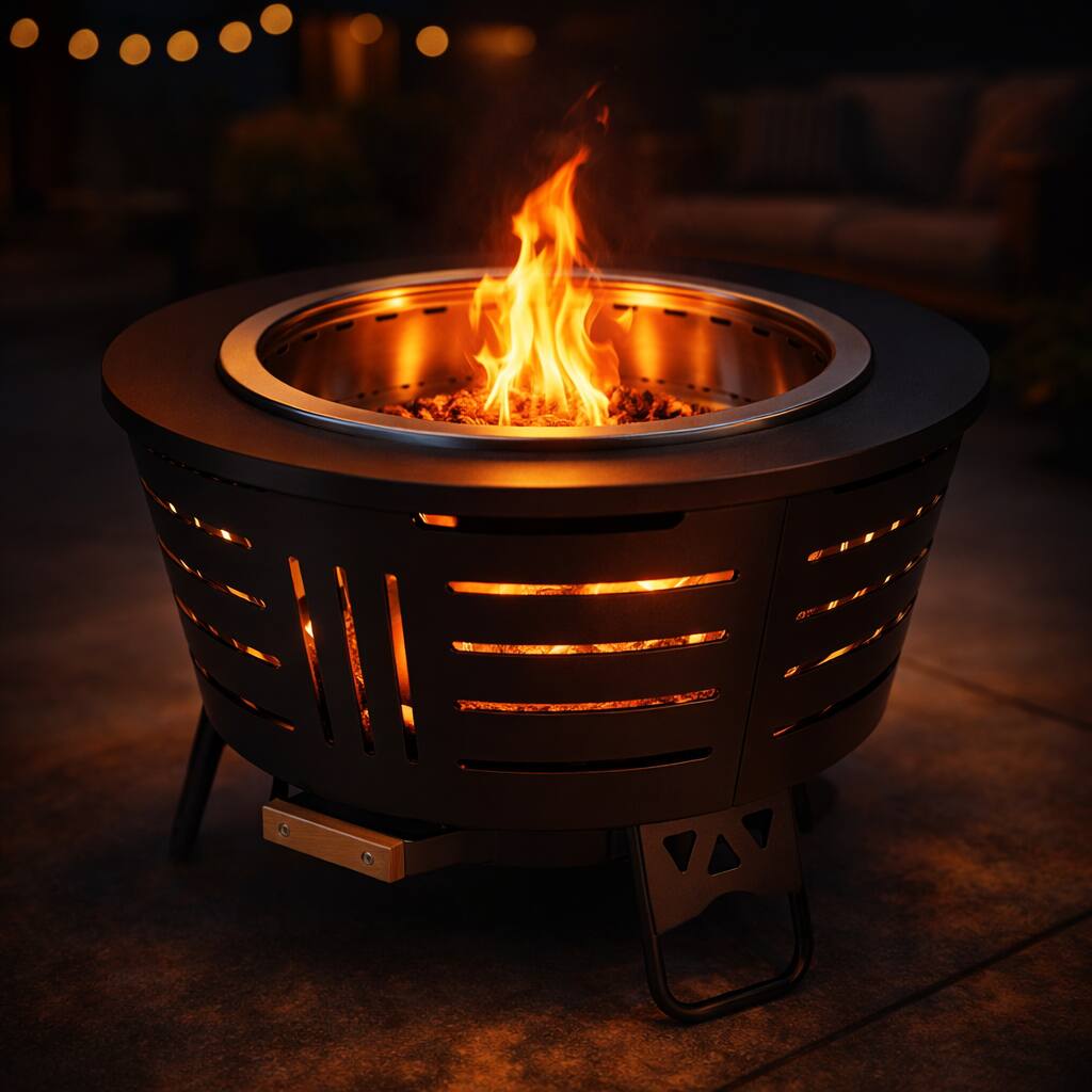 Angle. Brano - 26 inch Smokeless Fire Pit - Triple Burn Technology, with Support Legs, Ash Pan & Tools for Backyard, Patio, Garden.
