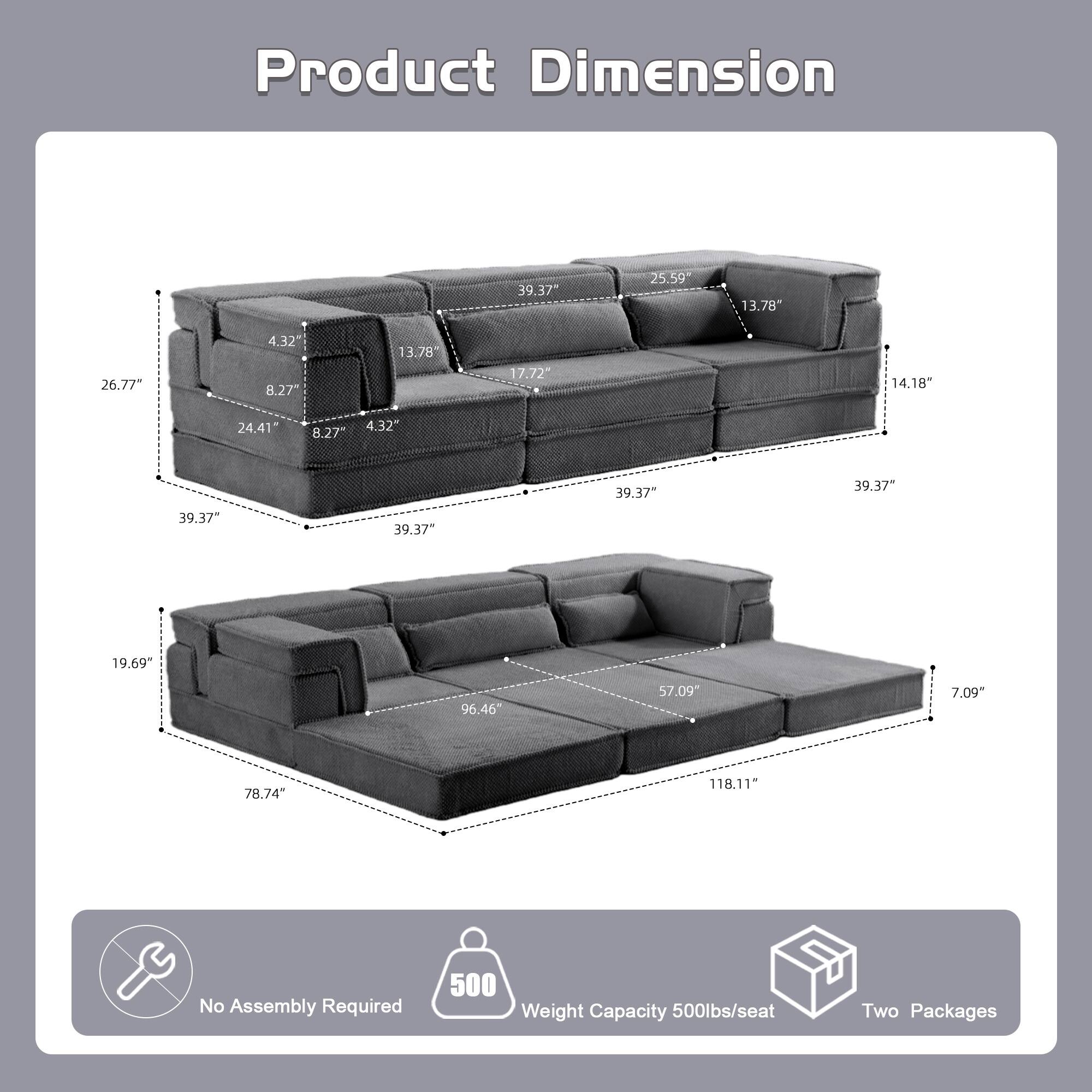 Product Dimension

39.37" x 25.59" x 13.78"  
26.77" x 4.32" x 8.27"  
13.78" x 17.72" x 14.18"  
24.41" x 4.32" x 39.37"  
19.69" x 96.46" x 57.09"  
7.09" x 78.74" x 118.11"

No Assembly Required  
Weight Capacity 500lbs/seat  
Two Packages