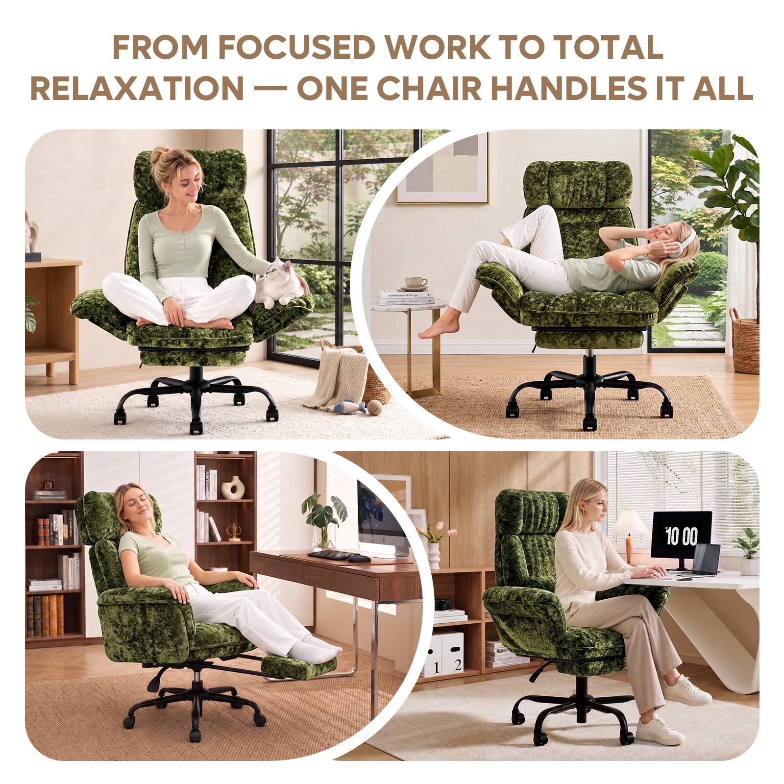 FROM FOCUSED WORK TO TOTAL RELAXATION — ONE CHAIR HANDLES IT ALL