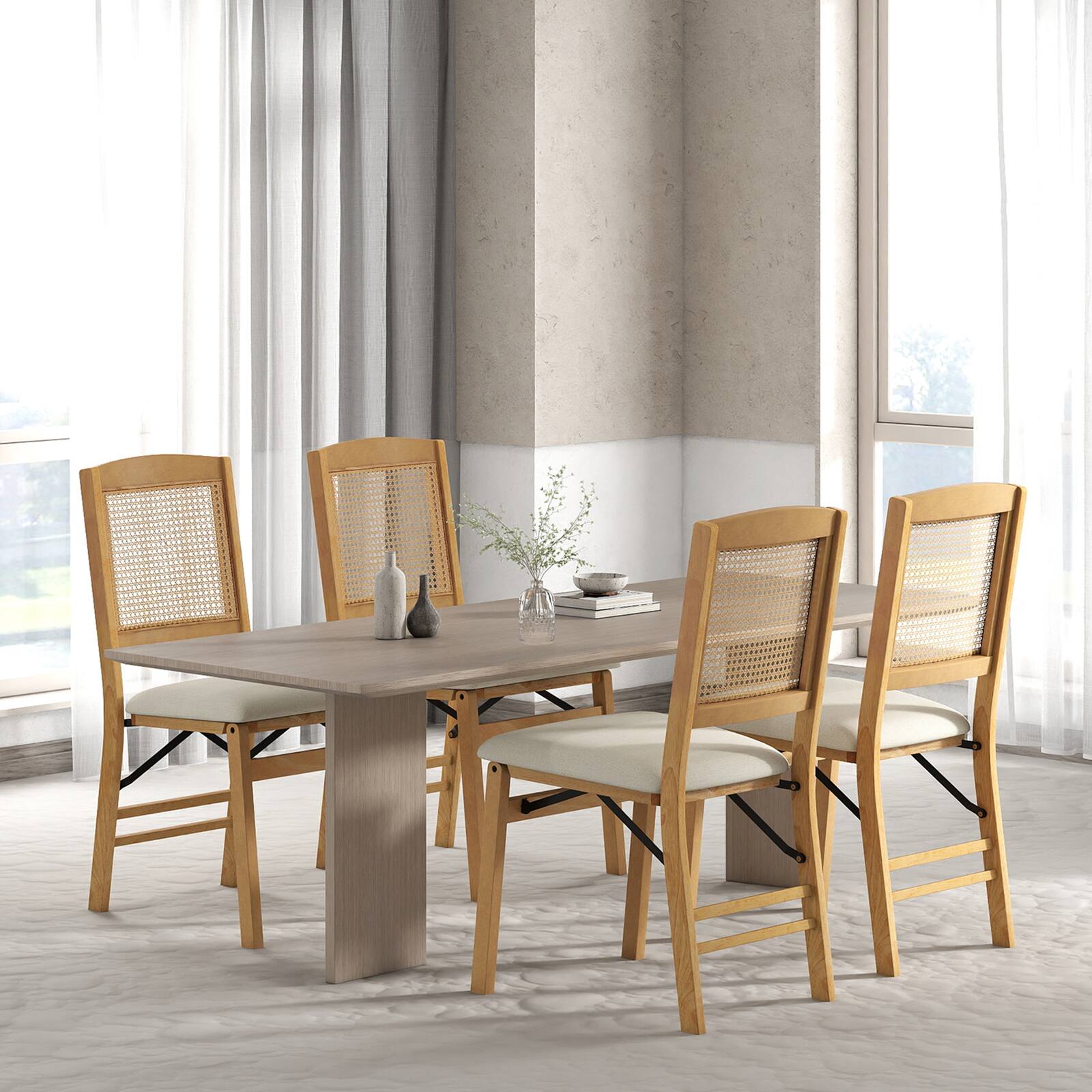 Alt View 1. Costway - Costway Folding Dining Chairs Set of 4 with Linen Padded Seat & Rattan Backrest for Kitchen - Natural + Beige.