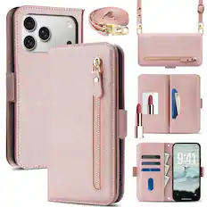 Front. Dteck - For Apple iPhone 17 Pro Max Shockproof Leather Zipper Flip Wallet Case With Mirror and Crossbody Strap - Rosegold.
