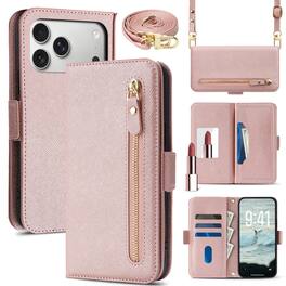 Dteck - For Apple iPhone 17 Pro Max Shockproof Leather Zipper Flip Wallet Case With Mirror and Crossbody Strap - Rosegold