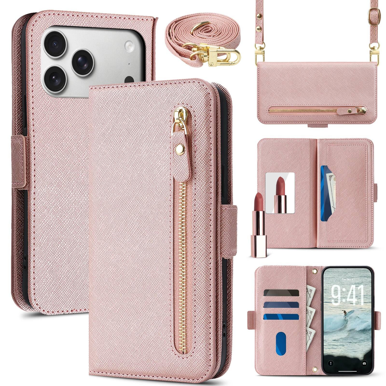 Front. Dteck - For Apple iPhone 17 Pro Shockproof Leather Zipper Flip Wallet Case With Mirror and Crossbody Strap - Rosegold.