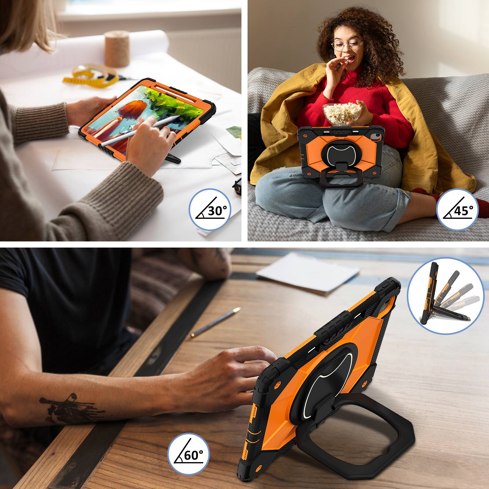 Alt View 1. Dteck - Case for Apple iPad Air 11-inch M4 (2026)/M3 (2025) / M2 (2024), 3-Layer Rugged Kickstand Handle Grip Cover+Strap - Black Orange.
