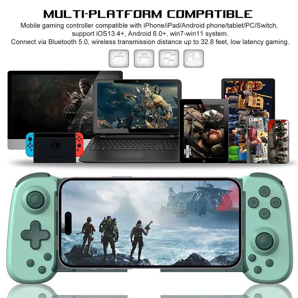 MULTI-PLATFORM COMPATIBLE
Mobile gaming controller compatible with iPhone/iPad/Android phone/tablet/PC/Switch, support iOS13.4+, Android 6.0+, win7-win11 system. Connect via Bluetooth 5.0, wireless transmission distance up to 32.8 feet, low latency gaming.